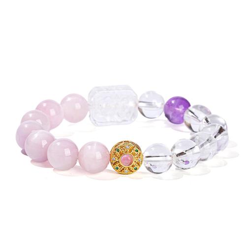 quartz clair bracelet, avec kunzite & laiton, fait à la main, bijoux de mode & pour femme, beads length 10mm Environ 6-7 pouce, Vendu par PC