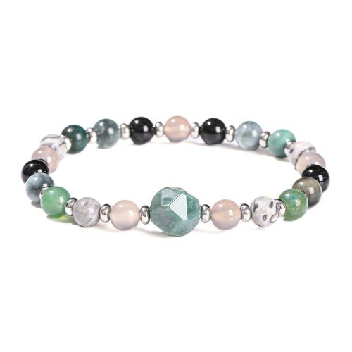 Natural Stone Bracelet, with Moss Agate & 304 Stainless Steel, Geometrical Pattern, handmade, fashion jewelry & for woman, beads length 6mm, 10mm Approx 6-7 Inch 