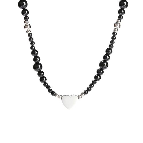 Black Agate Necklace, with 304 Stainless Steel, with 2inch extender chain, Heart, handmade, fashion jewelry & for woman, Grade AAAAA Approx 15.7 Inch 