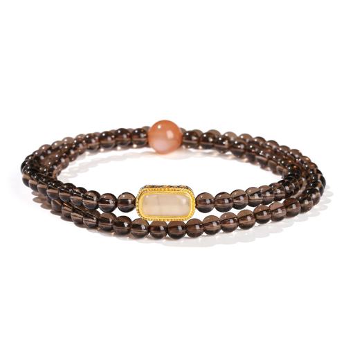 Smoky Quartz Bracelet, with Orange Moonstone & Brass, handmade, Double Layer & for woman, beads length 4mm Approx 12-14 Inch 