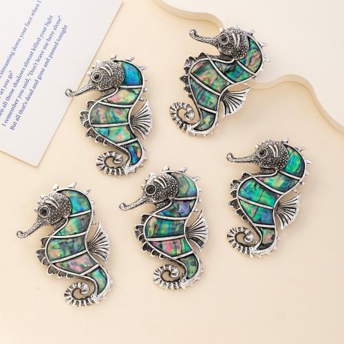 Broches de Nácar, Nácar de Abulón, con aleación de zinc, Caballito de mar, chapado en color de plata, para mujer, 40x55mm, Vendido por UD