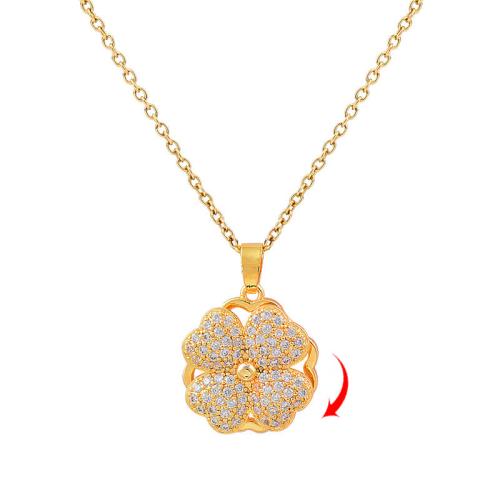 Collier de bijoux de titane, Acier titane, avec 5cm chaînes de rallonge, fleur, Placage de couleur d'or, bijoux de mode & pavé de micro zircon, doré cm, Vendu par PC