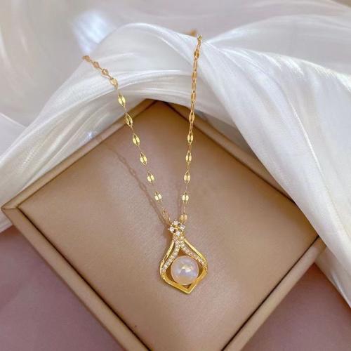 Collier de bijoux de titane, Acier titane, avec perle de plastique, avec 5cm chaînes de rallonge, Placage de couleur d'or, bijoux de mode & avec strass, doré cm, Vendu par PC