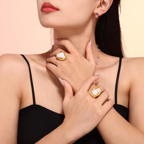 Anillos de Acero Inoxidable, acero inoxidable 304, con Perlas plásticas, Irregular, Recubrimiento iónico al vacío, Ajustable & para mujer, Blanco, Vendido por UD