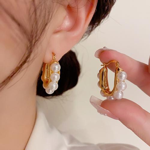 Brass Drop Earring, with Plastic Pearl, real gold plated, for woman, gold 