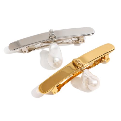 304 Stainless Steel Pulling Spring Hair Clip, with Plastic Pearl, plated, fashion jewelry 