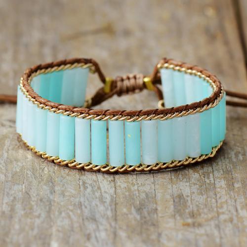 ​Amazonite​ Bracelet, with PU Leather, handmade, Bohemian style & Unisex Approx 6.7-10.2 Inch 