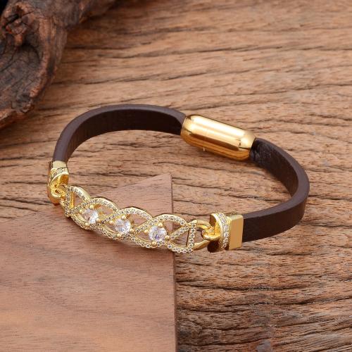 bracelet de cordon en PU , cuir PU, avec laiton & Acier inoxydable 304, Placage de couleur d'or, bijoux de mode & pavé de micro zircon & pour femme, plus de couleurs à choisir Environ 21 cm, Vendu par PC[