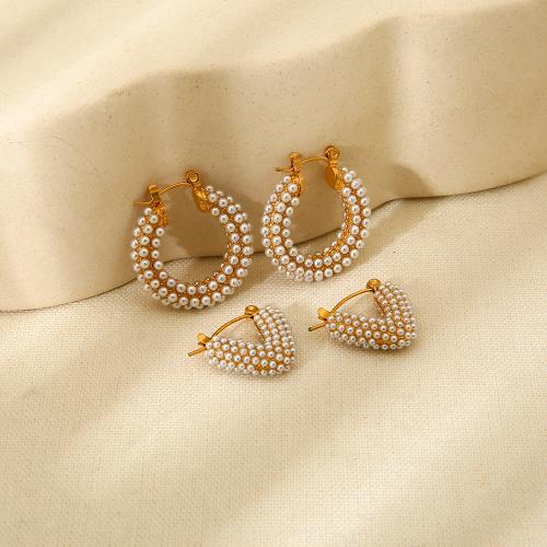 Stainless Steel Leverback Earring, 304 Stainless Steel, with Plastic Pearl, Vacuum Ion Plating & for woman, gold 