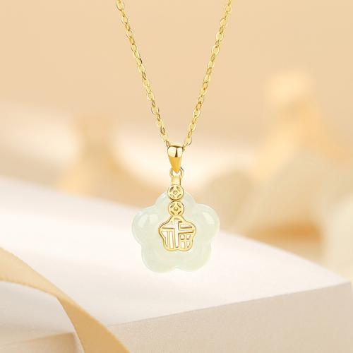 Argent sterling 925 collier, avec Hetian Jade, avec 2inch chaînes de rallonge, fleur, Placage de couleur d'or, chaîne ovale & pour femme & creux Environ 15.7 pouce, Vendu par PC[