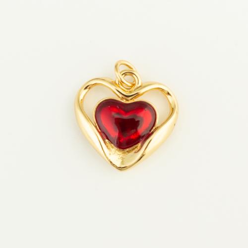 Pendant de cuivre de verre, laiton, avec verre, coeur, Placage de couleur d'or, DIY, rouge Vendu par PC[