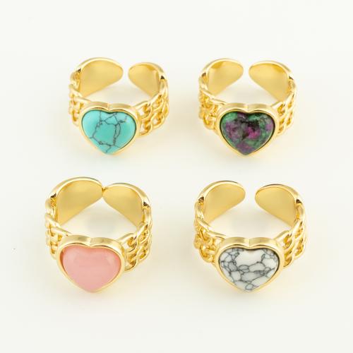 Gemstone Brass Finger Ring, with Natural Stone, Heart, gold color plated, Adjustable & for woman 