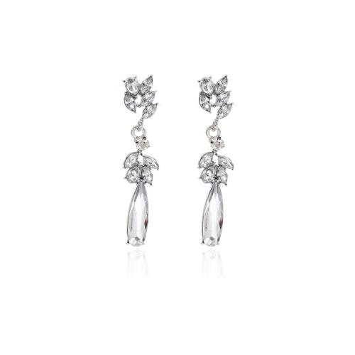 Boucle d'oreille de zinc alliage strass goutte, alliage de zinc, Placage, pour femme & avec strass, argent, Vendu par paire[