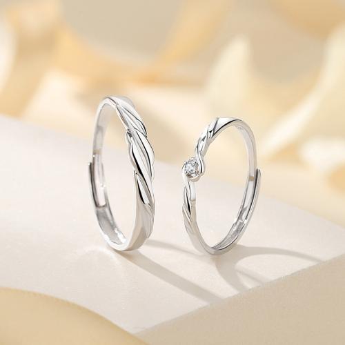 925 Sterling Silver Couple Ring, platinum plated, adjustable & micro pave cubic zirconia & for couple, US Ring [