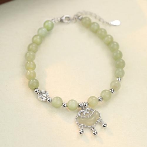 925 Sterling Silver Bracelet, with Hetian Jade, with 1.6inch extender chain, Longevity Lock, platinum plated, vintage & for woman Approx 6.1 Inch 