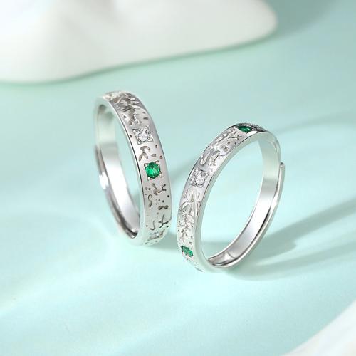 925 Sterling Silver Couple Ring, platinum plated, adjustable & micro pave cubic zirconia & for couple, US Ring [