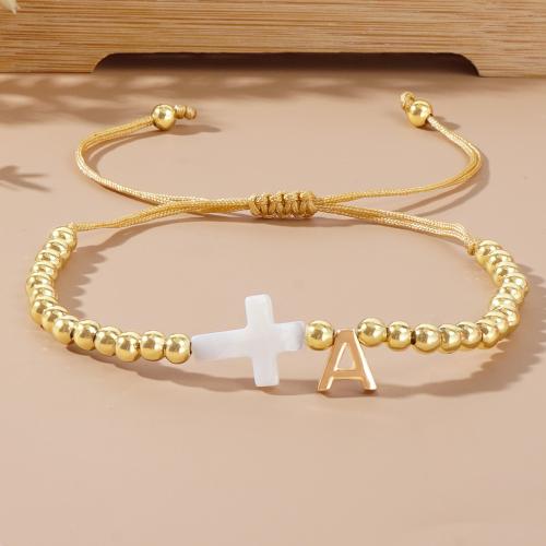 Brass Bracelets, with Knot Cord & Shell, Cross, gold color plated, Adjustable & fashion jewelry & letters are from A to Z & Unisex Approx 28 cm 