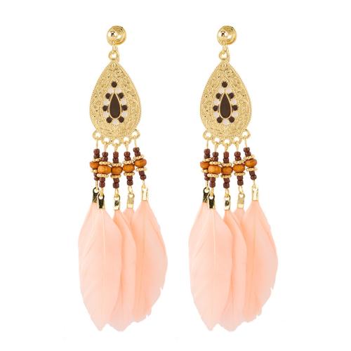 Fashion Feather Earring , Zinc Alloy, with Seedbead & Feather, plated & for woman, golden 