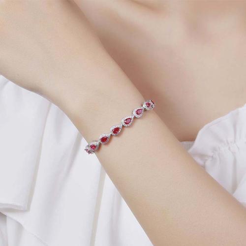 925 Sterling Silver Bracelet, with Ruby Alumina, Pear & for woman & with rhinestone 