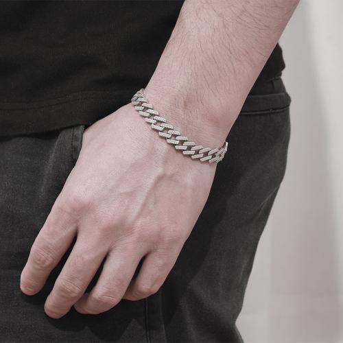 925 Sterling Silver Bracelet, platinum plated & for man & with rhinestone 