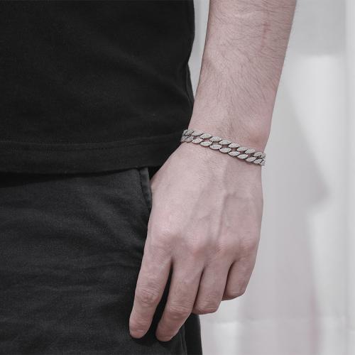 925 Sterling Silver Bracelet, platinum plated & for man & with rhinestone 