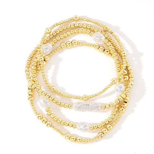 Brass Bracelets, with Plastic Pearl, gold color plated, 4 pieces & fashion jewelry & for woman Approx 17.5 cm 