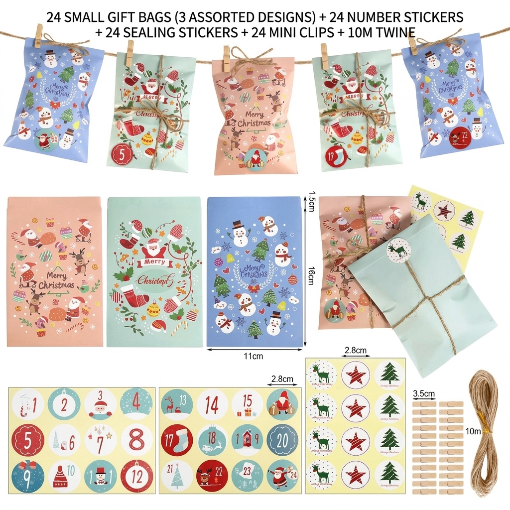 Paper Christmas Gift Bag, printing, Christmas Design, mixed colors, 24PCs/Set, Sold By Set