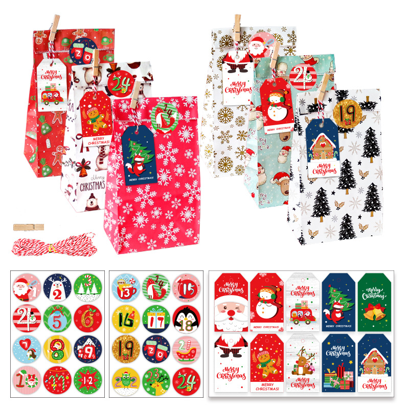 Christmas Gift Bag, Kraft, printing, Christmas Design, more colors for choice, 24PCs/Set, Sold By Set