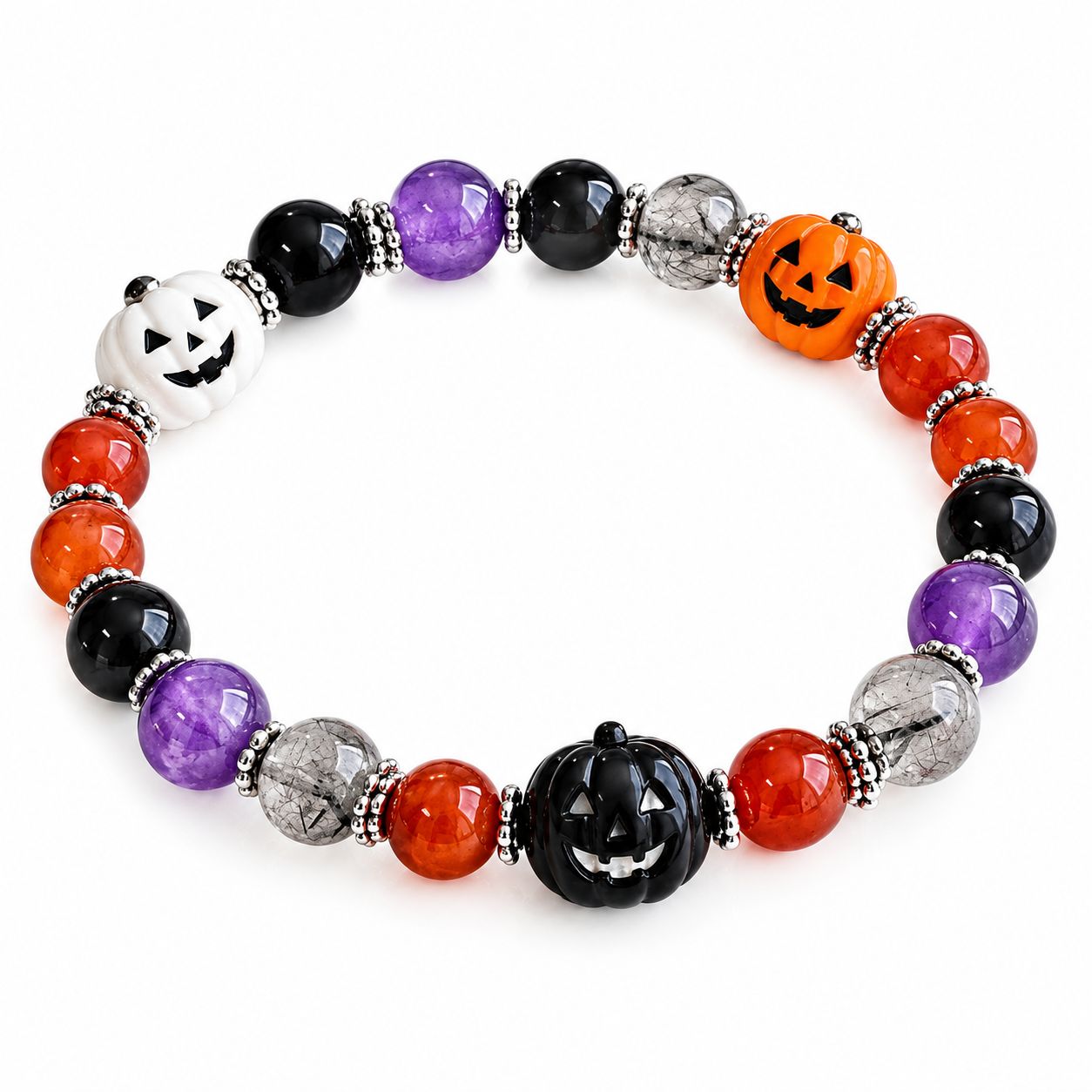 Black Agate Bracelet, with Carnelian & Quartz & Amethyst & Zinc Alloy, Pumpkin, handmade, Halloween Design & for woman, multi-colored, Length:Approx 18 cm, Sold By PC