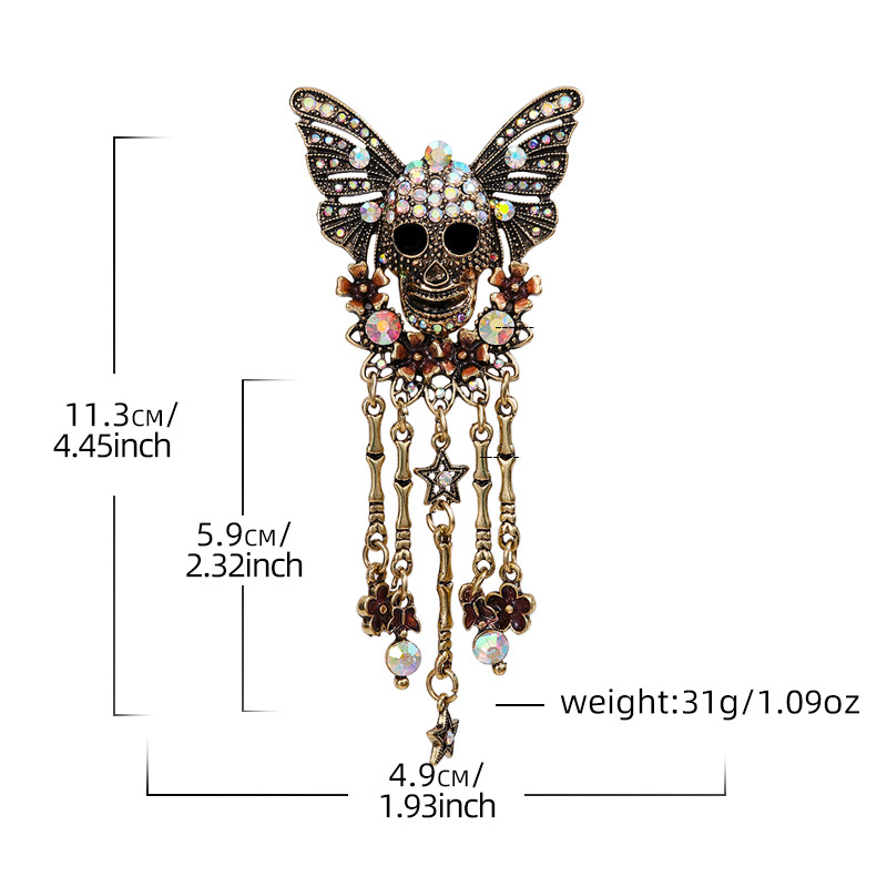 Zinc Alloy Brooch, Skull, plated, Halloween Design & with rhinestone, 113x49mm, Sold By PC