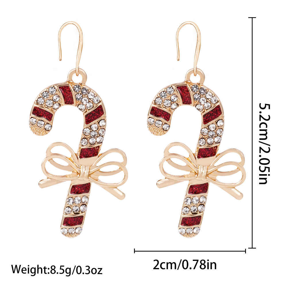 Zinc Alloy Drop Earring, Christmas Candy Cane, gold color plated, for woman & enamel & with rhinestone, 20x52mm, Sold By Pair