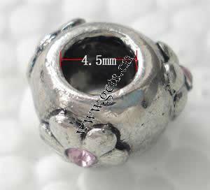 Rhinestone Zinc Alloy European Beads, Drum, plated, with flower pattern & without troll & with rhinestone, more colors for choice, 7x11mm, Hole:Approx 4.5mm, Sold By PC