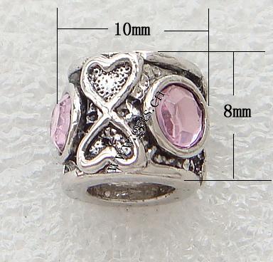 Rhinestone Zinc Alloy European Beads, Tube, plated, without troll & with rhinestone, more colors for choice, 10x8mm, Hole:Approx 4mm, Sold By PC
