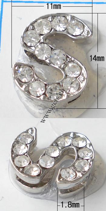 Zinc Alloy Letter Slide Charm, plated, with Mideast rhinestone, more colors for choice, nickel, lead & cadmium free, Grade A, 14x11mm, Hole:Approx 1.8mm, Sold By PC
