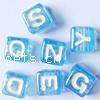 Plastic Alphabet Beads, Cube, with letter pattern & four-sided, blue, 7mm 