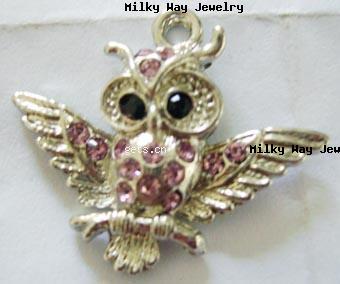 Czechic Rhinestone Pendants, Zinc Alloy, Owl, plated, with rhinestone, more colors for choice, 25x30mm, Sold By PC