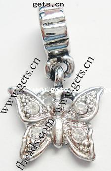 Zinc Alloy European Pendants, Butterfly, plated, without troll & with rhinestone, more colors for choice, 25x15mm, Hole:Approx 4mm, Sold By PC