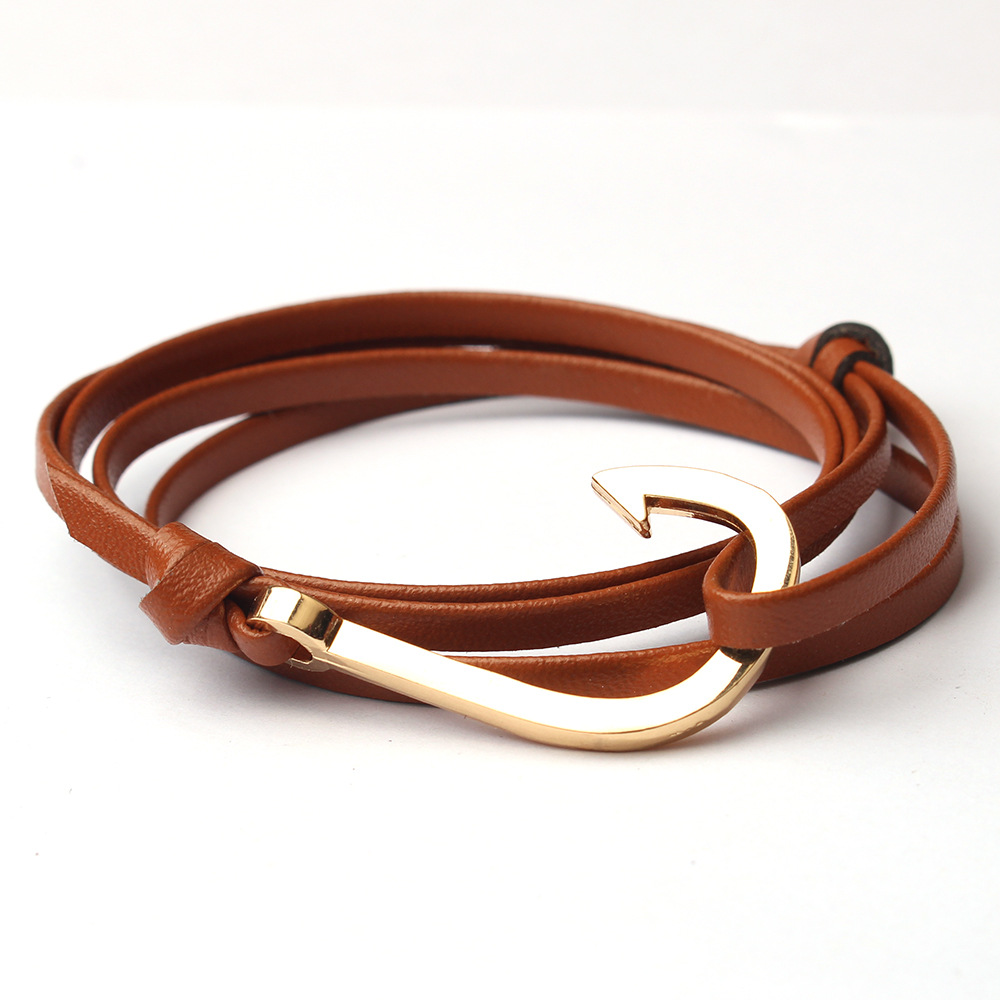 Brown leather gold square fish hook