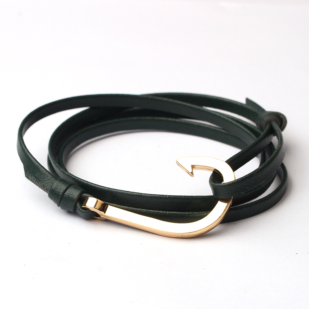 Dark green leather gold square fish hook
