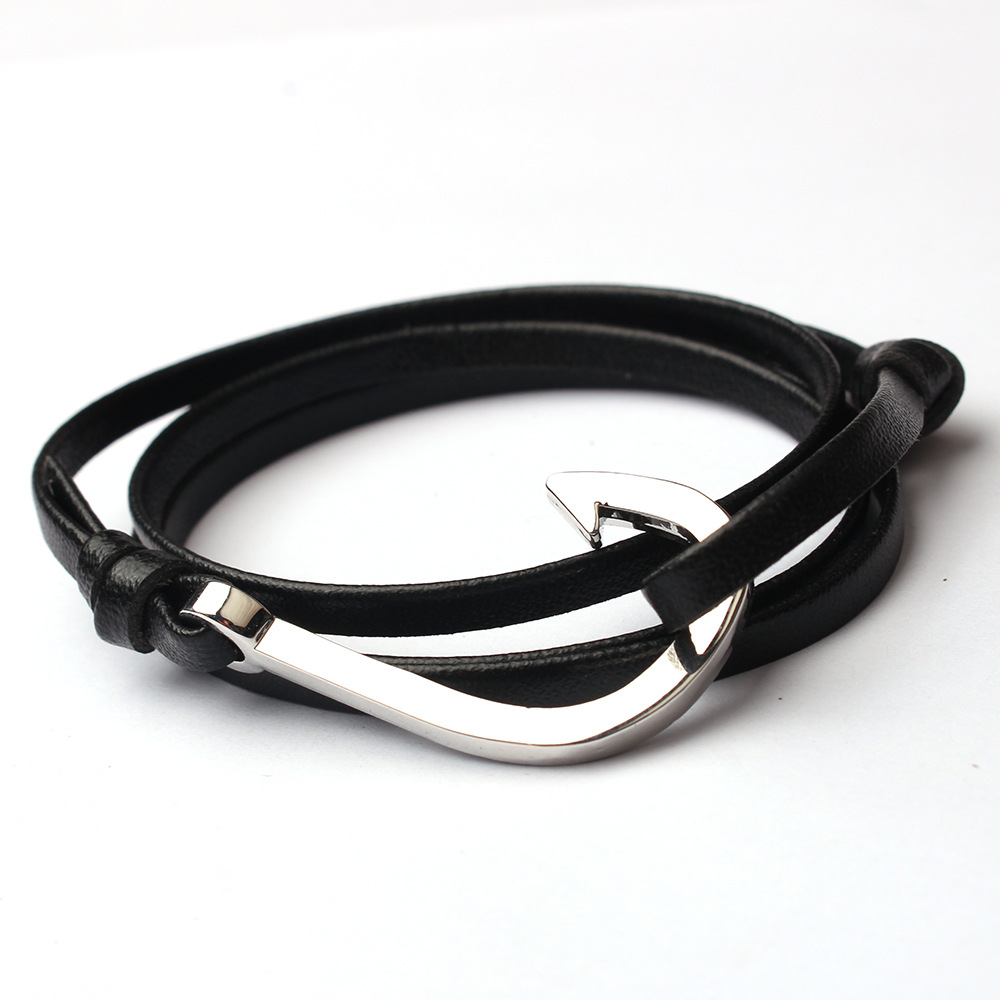 Black leather silver square fish hook