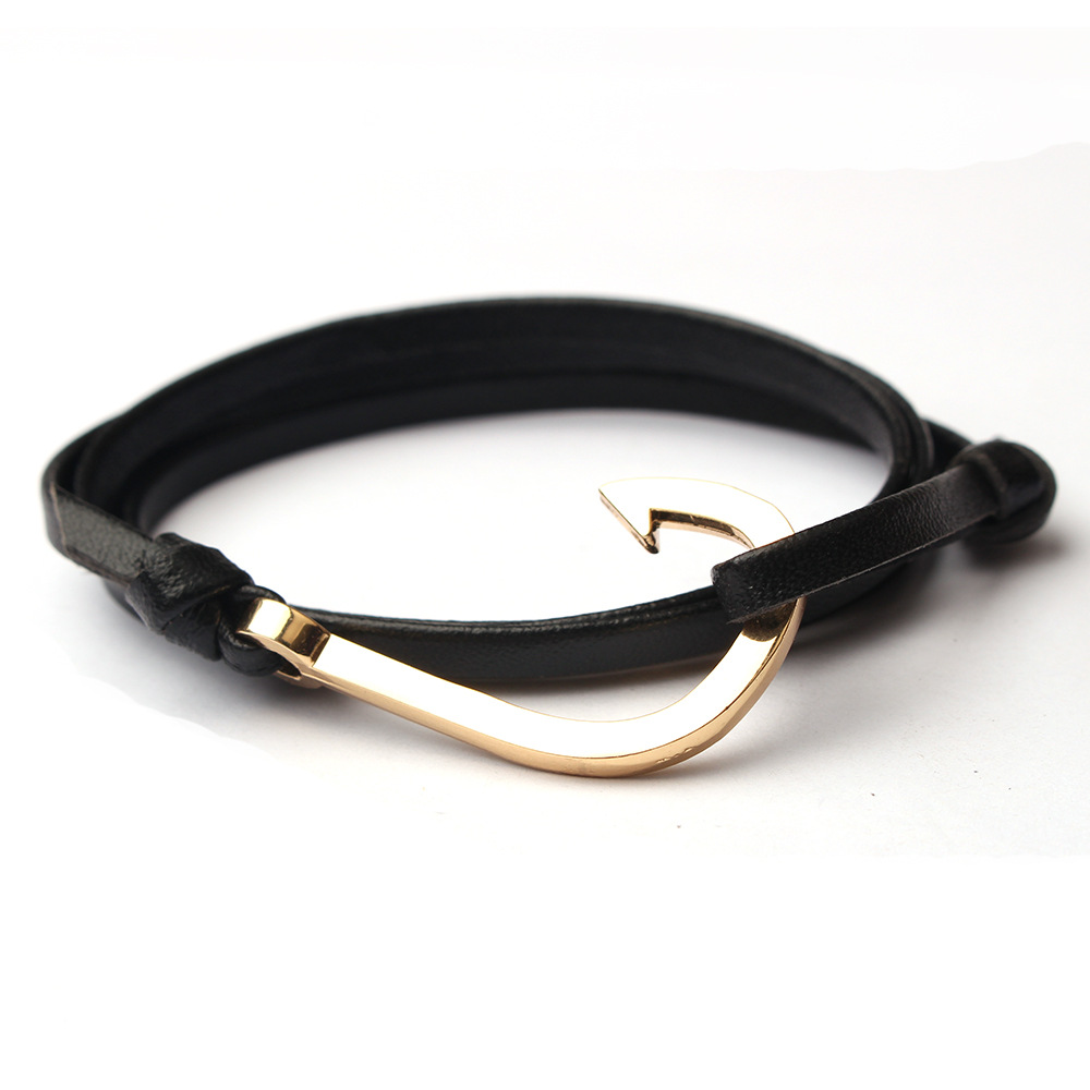 Black leather gold square fish hook