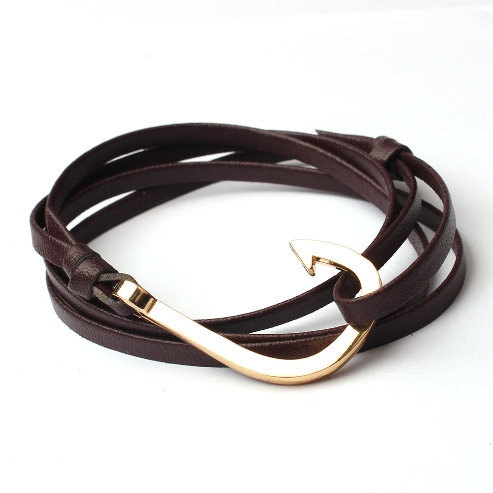 Brown leather gold square fish hook