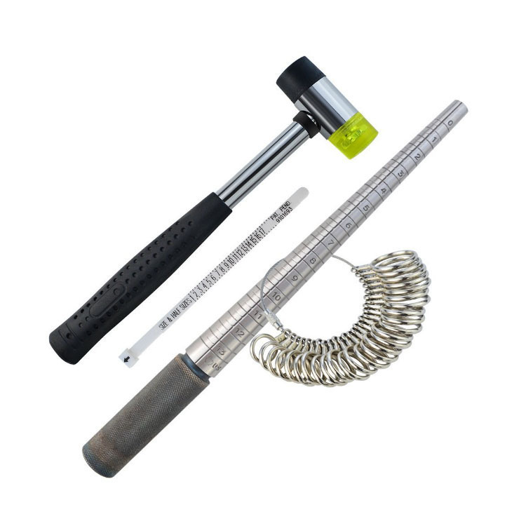 chrome steel ring stick, measure rings, hammer, ruler