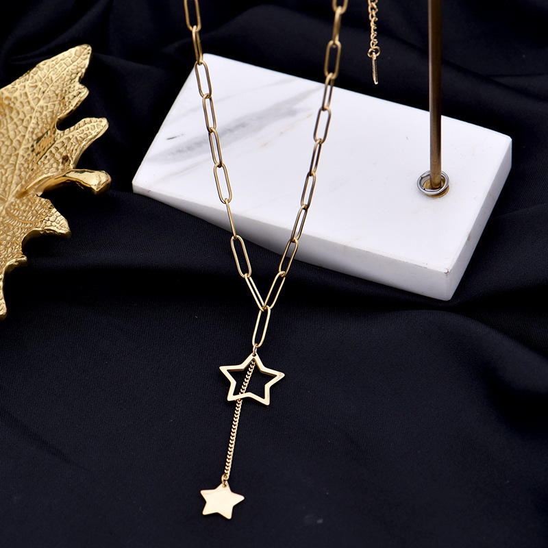 Gold Double Pentagram Tassel necklace   翻译来自彩云小译