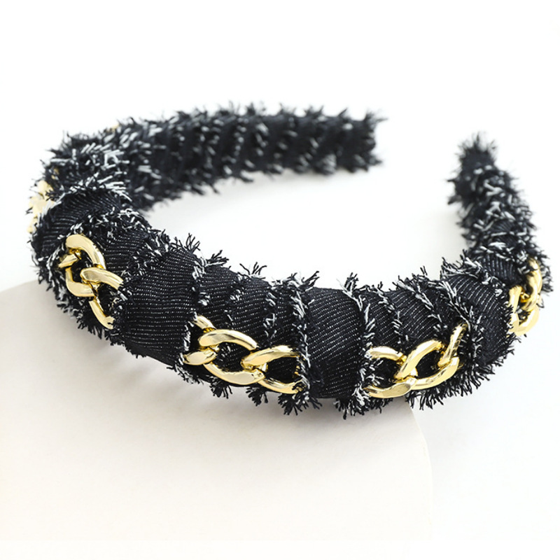8:3cm wide black denim chain wrapped sponge hair hoop