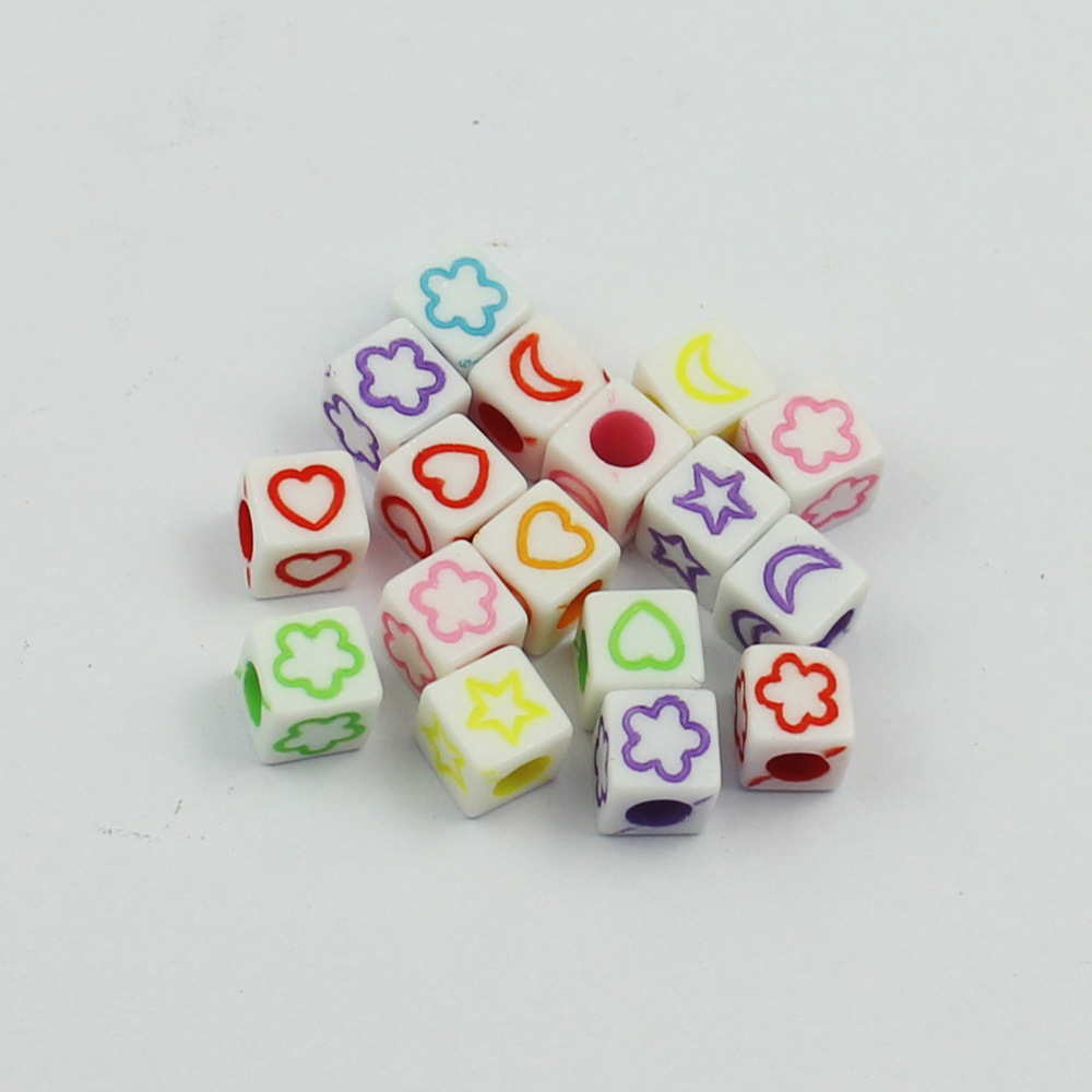 29:6*6mm square star and moon beads with colorful characters on white background