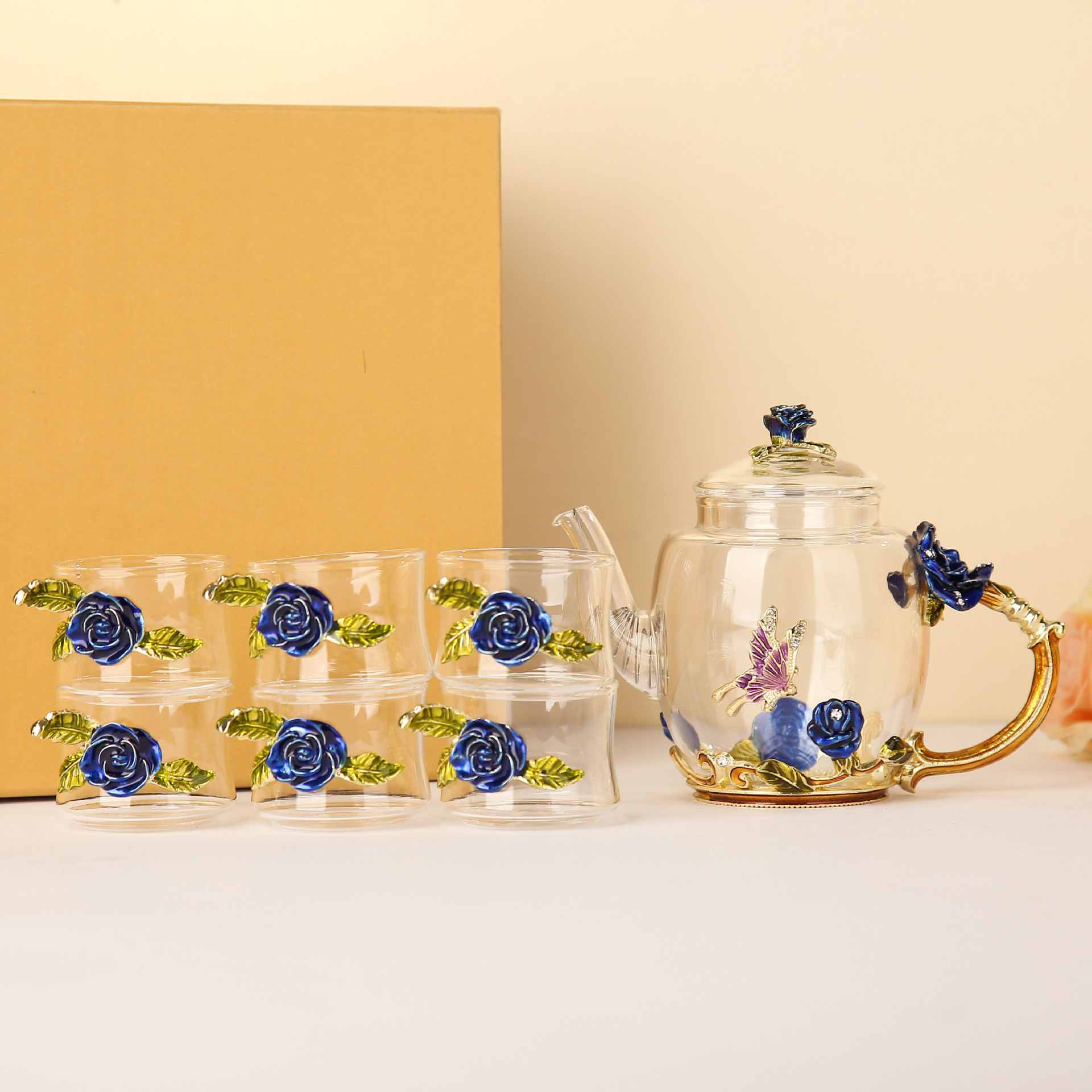 Blue rose small tea cup   teapot seven-piece set (gift box)