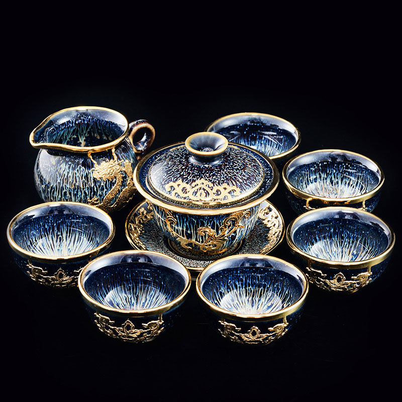 8-piece gold inlaid jade cover bowl set