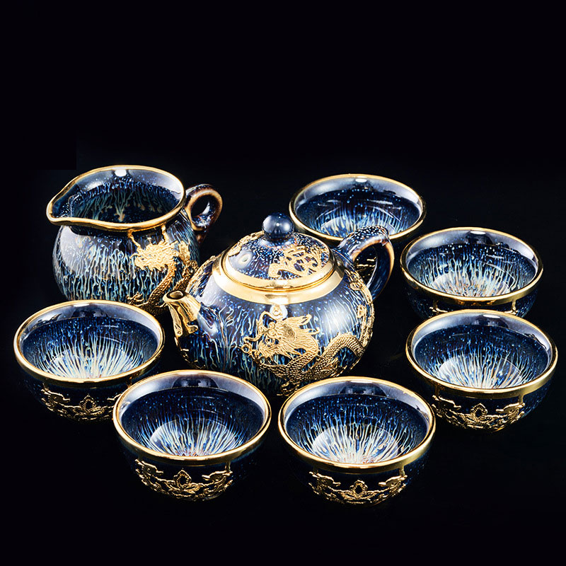 8-piece set of gold inlaid jade teapot set