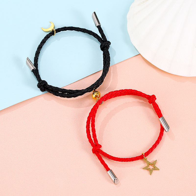 PU black red rope star and moon gold pair